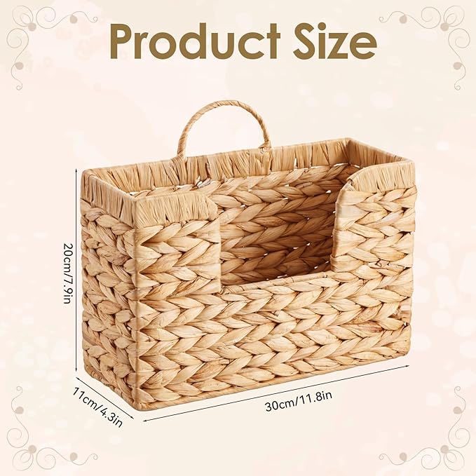 Woven Hanging Magazine Holder, Water Hyacinth Hanging Magazine Basket 11.8 x 4.3 x 7.9 Inch Wall Mounted Basket for Mail Woven Wall Magazines Rack with Handle for Home Office