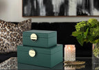 HofferRuffer Faux Leather Jewelry Boxes, Decorative Boxes Storage Accessory Organizer with Gold Hardware Decor, Classic Vegan Leather Set of 2 Pieces (Green)
