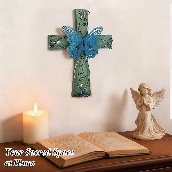 INHAI Handcrafted Christian Wall Cross 9x7,James 1:17 Verse on Wood with Antiqued Metal,Mother's Day Inspirational Home Decor Gift(Blue)