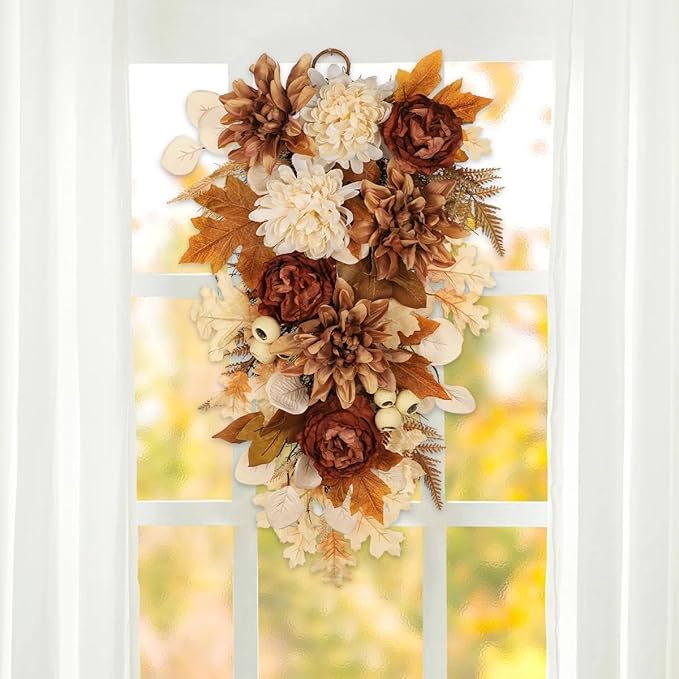 23.6 Inch Fall swags for Front Door Outside Autumn sway with Dahlia, Chrysanthemum, Rose, Berries & Leaves – Fall Door sway for Outdoor sways Indoor Thanksgiving Decor Champagne and Brown