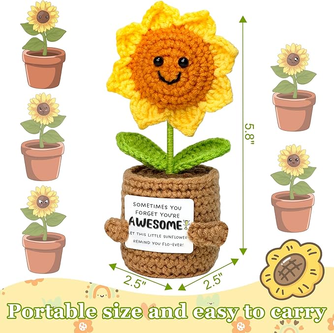 Positive Sunflower Graduation Gifts for Women Men Teens - Handmade Positive Crochet Animals, Stuffers for Mom Teacher Best Friend Bestie Sister, Cute Stocking Stuffers for Her Him
