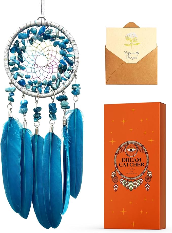 Car Rear View Mirrior Hanging Accessories Blue Dream Catcher Small, Crystals Stones Feather Pendant Interior Rearview Mirror Decoration