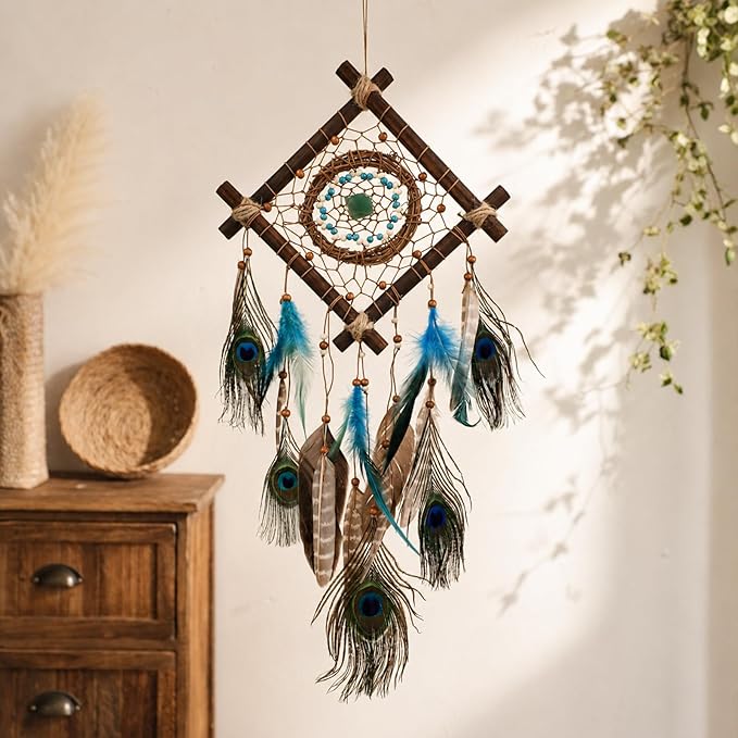 Rattan Dream Catchers with Peacock Feather, Boho Wall Decor Rustic Wooden Native American Wall Art for Bedroom Living Room (Blue Peacock)
