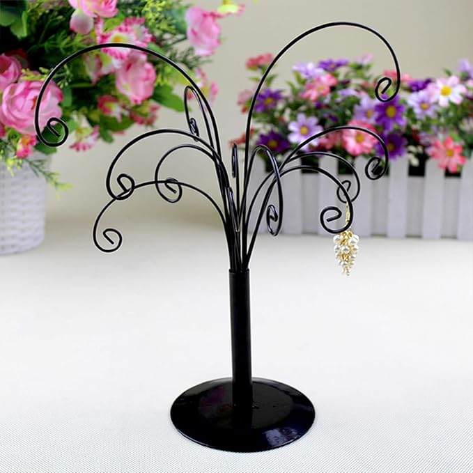 10.6 inch Ornament Tree Display Stand Rotating Decor, Decorative Black Metal Tabletop Display Stand Features Multiple Hooks, Display Rack for Ornaments Glass Globes Balls and Small Craft Items (2PCS)
