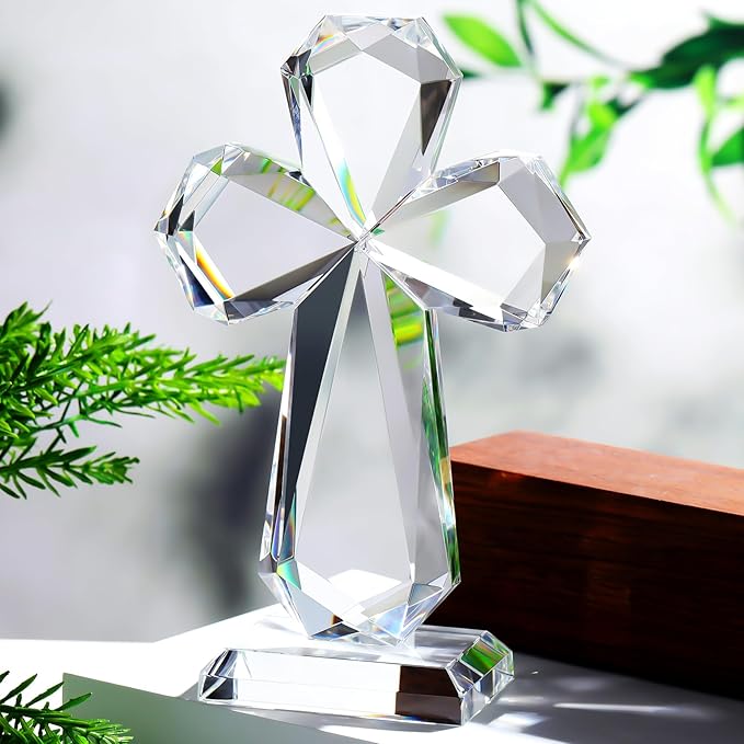 YWHL Clear Crystal Standing Cross Figurine Decor, Holy Cross Collectible Figurines Decoration, Religious Gifts for Women Men, Handmade Christian Easter Cross for Home Office