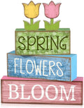 Moucuny 4 Pcs Spring Table Decor Wooden Tulip Spring Tiered Tray Decor Flowers Table Centerpiece Decorative Colorful Tulip Block Signs Gift Farmhouse Flowers Decoration for Home Kitchen Shelf
