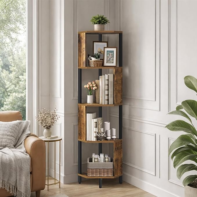YATINEY 5-Tier Corner Shelf, Industrial Corner Storage Stand, Corner Bookshelf with Metal Frame, Freestanding Corner Shelf Stand for Living Room, Study, Bedroom, Rustic Brown and Black CJ11BR
