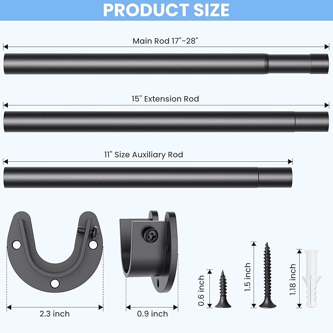Closet Rods for Hanging Clothes, 17 to 54 Inch Stepless Adjustable Closet Rod, 1.3 Inch Diameter Metal Heavy Duty Closet Hanging Rod for Closet Wardrobes Laundry RV, Black