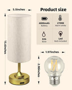Battery Lamp, Dimmable, Ambient Light, 2700K, Timer, Touch Control, Portable, LED, Battery Operated, Rechargeable, Wireless, Cordless, Desk Lamp, Kitchen Lamp, Fabric Shade, for Bedroom, Living Room