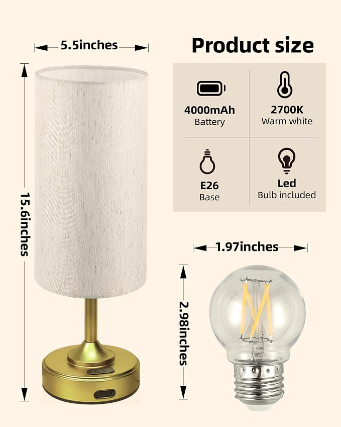 Battery Lamp, Dimmable, Ambient Light, 2700K, Timer, Touch Control, Portable, LED, Battery Operated, Rechargeable, Wireless, Cordless, Desk Lamp, Kitchen Lamp, Fabric Shade, for Bedroom, Living Room