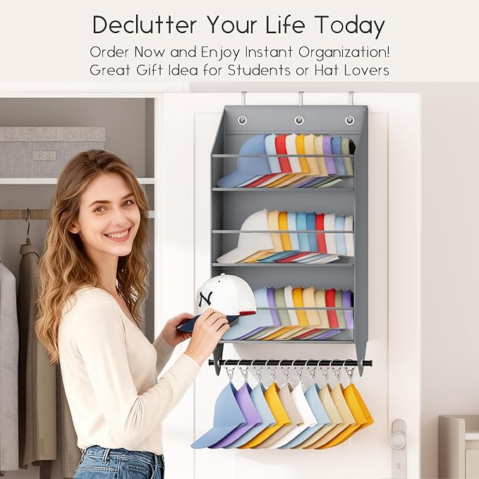 Over the Door Hat Rack - 3-Layer Design Hat Organizer Holds 30-36 Hats with 10 Hooks, Ideal Hat Rack for Door, Over the Door Organizer for Closet, Apartment, Bedroom, Dorm, 2 Pack, Grey