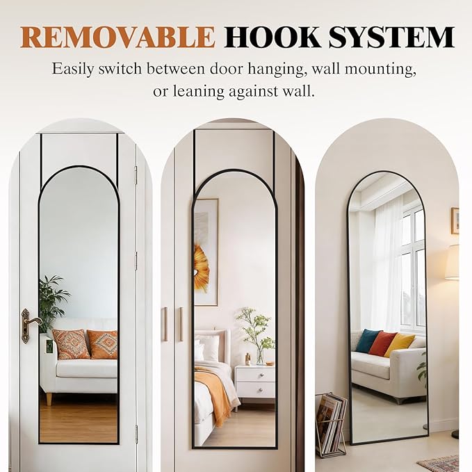 DUMOS 47"x14" Full Length Door Mirror, Arched Full Body Mirror with Aluminum Alloy Thin Frame, Leaning or Hanging, Suitable for Bedroom, Livingroom, Cloakroom, Black