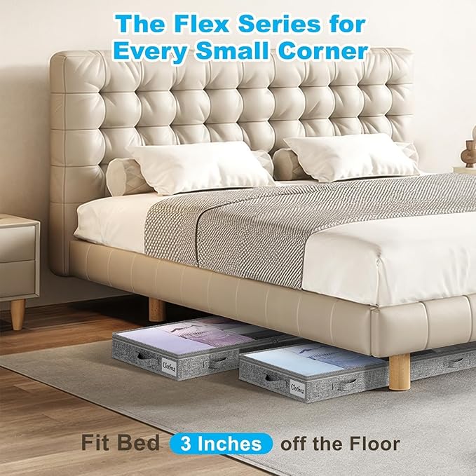 3 Inch Low Profile Under Bed Storage Drawer 2 Pack, Lightweight Underbed Clothes Storage Container Bins with NO STURCTURE, Shallow Storage Bag for Dorm & Home, With Clear Lids & Water-Resistant Fabric