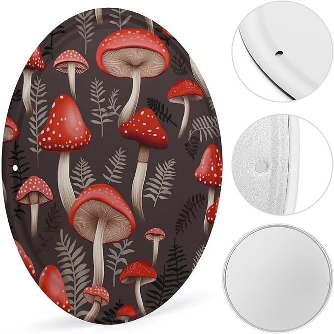 Wall Picture, with Red Mushrooms Printed Circular Iron Hanging Picture,Wall Art Decor,Home for Bedroom Living Room Bathroom Decor,Iron Painting 11.8X11.8 in