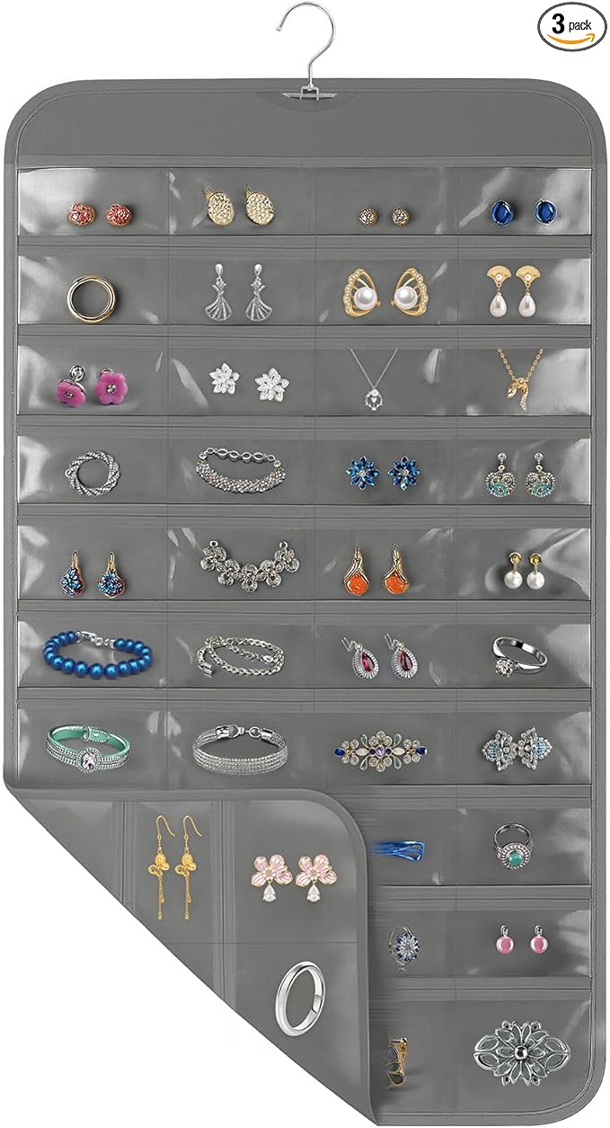 3 Pack Hanging Jewelry Organizer, 80 Clear Pockets earring organizer and storage, Accessories holder organizer for Closet, Jewelries, Necklace, Travel