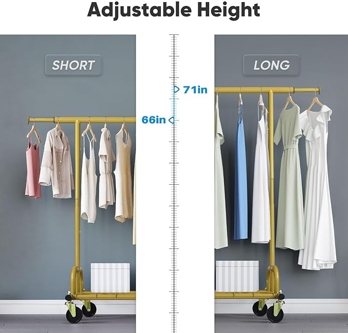 HOKEEPER Clothing Rack Gold Clothes Rack Heavy Duty Garment Rack for Hanging Clothes 525LBS Commercial Clothing Racks with Wheels for Bedroom, Laundry, Balcony, Living Room 22" D x 75" W x 71" H