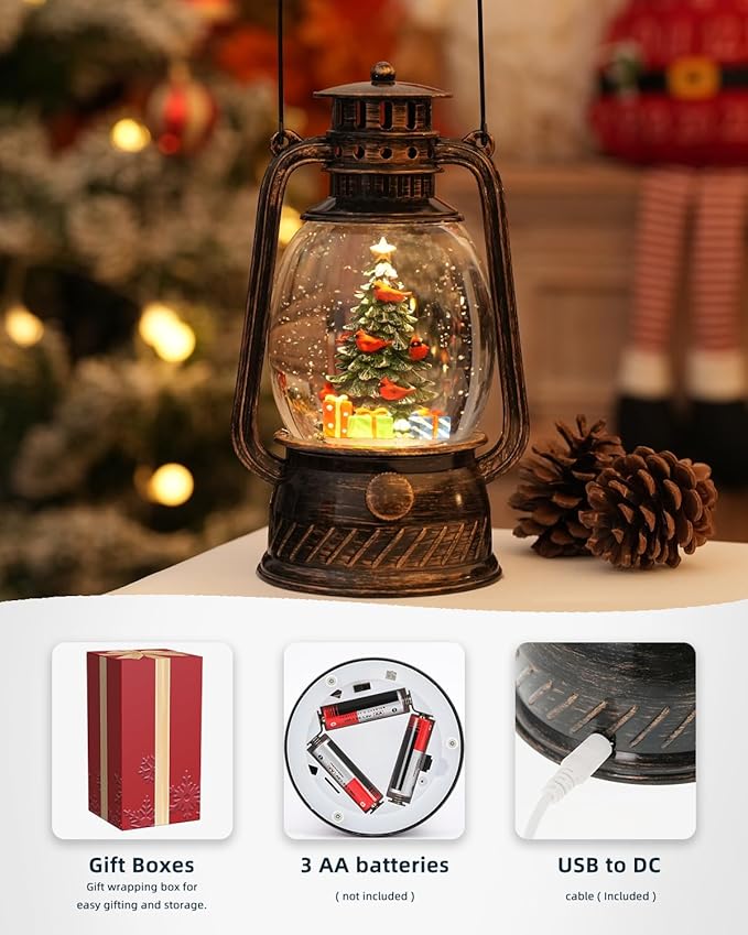 Snow Globe Christmas Decorations, Musical Christmas Snow Globes Glitter Tree Lantern Light Up 6H Time USB Lined/Battery Festival Snow Globes for Adults