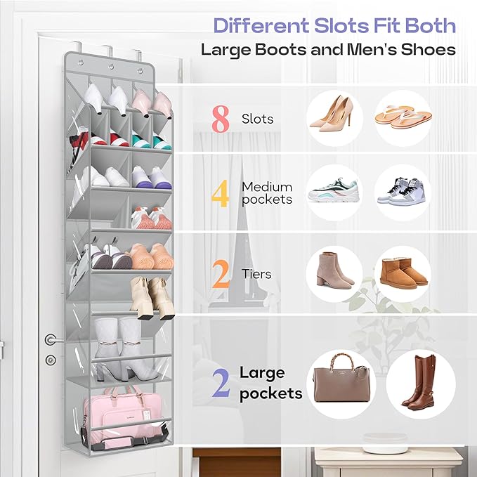 MISSLO Clear Over the Door Shoe Organizer Large Deep Pockets Hanging Shoe Rack for Closet Fit 20 Pairs Shoe Holder for Sneakers Boots Storage，Grey