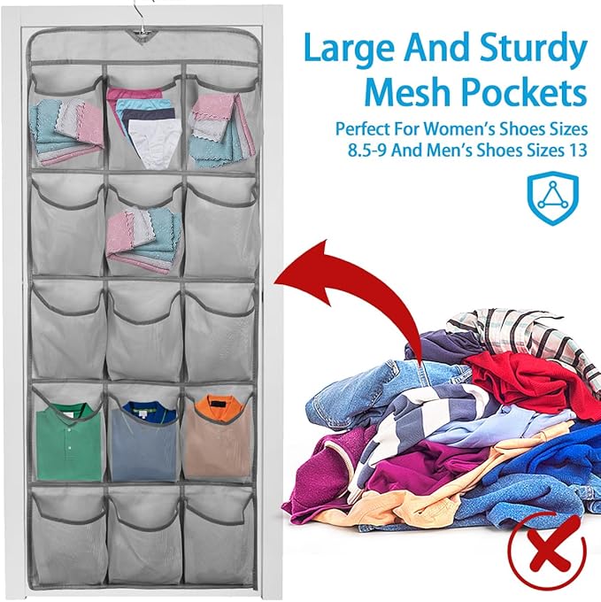 2Pcs 30 Large Pockets Dual Sided Hanging Shoe Organizer for Closet Shoe Storage Shelves with 360 Rotating Hanger Space Saving Storage Bag Hanging Shoe Rack for Bedroom Laundry Room,Gray