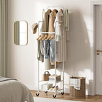 Chrislley Clothes Rack with Wheels, 71" Portable Clothing Rack with 2 Shelves and 4 Hooks, Small Rolling Garment Rack, 4 Hanging Rods Metal Coat Rack for Bedroom, Apartment, Entryway, White