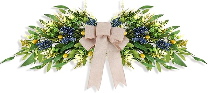 Floral Swag for Front Door Greenery Teardrop Swag Artificial Eucalyptus Olive Leaves Mixed Berry Swag with Bow Summer Wreath for Farmhouse Wedding Arch Party Wall Home Indoor Outdoor Holiday Decor