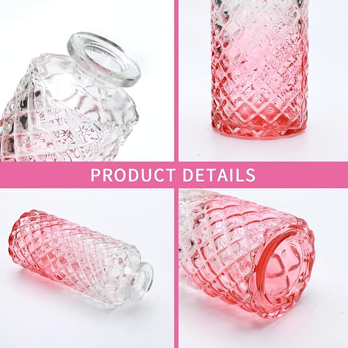 Brajttt Glass Bud Vase Set in Bulk, 9pcs Mini Vintage Flower Vases for Wedding,Pink Relief Vase for Centerpieces,Home Table Flower Decor, Party Decorations