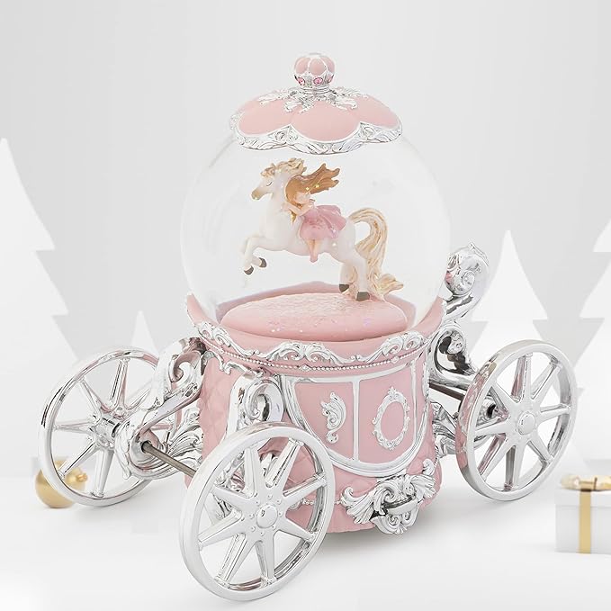 Unicorn Snow Globe Music Box, 7" Pink Light Up Musical Snow Globe for Girls, Christmas Snow Globes for Mom Grandma Wife Women, Princess Carriage Birthday Valentines Gifts Home Decor