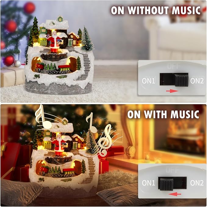 Christmas Village Snow Globe Decorations Resin Building Figurines Revolving Train Christmas Collectible Buildings 8 Music for Vintage Xmas Gift Christmas Decoration Santa Clau