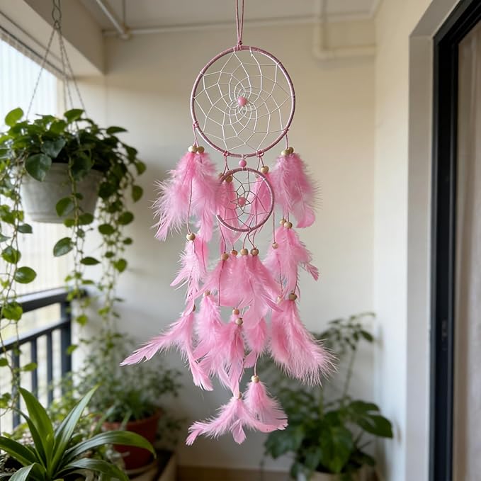 Pink Dream Catcher Wall Decor Handmade Feathers Dreamcatcher Wall Hanging Ornament Room Decor, Dream Catchers for Girls Kids Boys Bedroom Decor Art Craft Gift