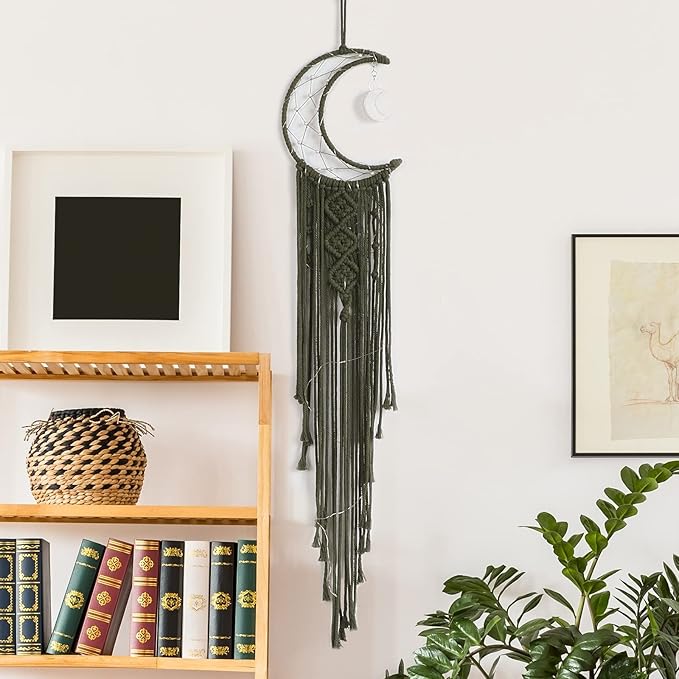 Boho Macrame Woven Wall Hanging for Kids, Crochet Crescent Moon Star Dream Catcher with Long Tasselt, Olive Cotton Handmade Bohemian Home Decor Decoration for Nursery Bedroom Dorm Room