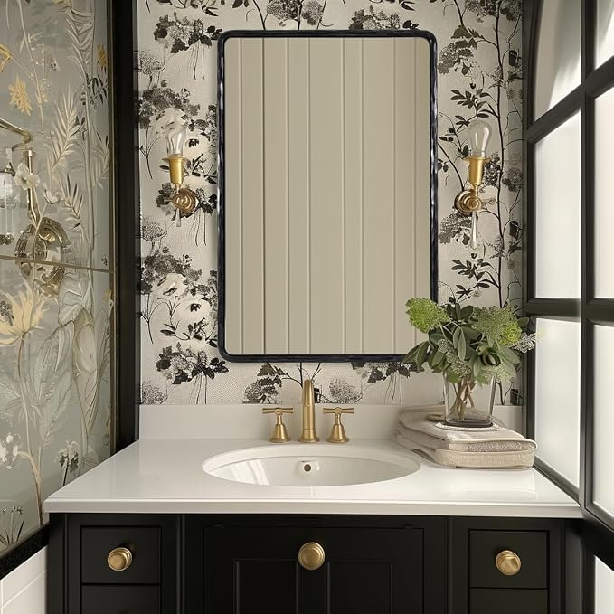 ANDY STAR Hand-Forged Black Bathroom Mirrors for Wall, 30x40 Inch Vintage Solid Steel Metal Frame Bathroom Vanity Mirror, Antique Rounded Rectangle Wall Mirror, Hangs Horizontally or Vertically