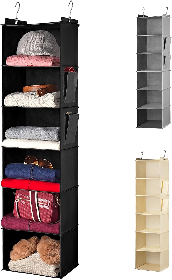 Handy Laundry Hanging Closet Organizer - 6 Shelf Storage for Clothes, Sweaters, Shoes & Accessories - Space-Saving Wardrobe Shelves with Hooks for Dorm, RV & Small Closet Organization (Black)