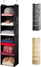 Handy Laundry Hanging Closet Organizer - 6 Shelf Storage for Clothes, Sweaters, Shoes & Accessories - Space-Saving Wardrobe Shelves with Hooks for Dorm, RV & Small Closet Organization (Black)