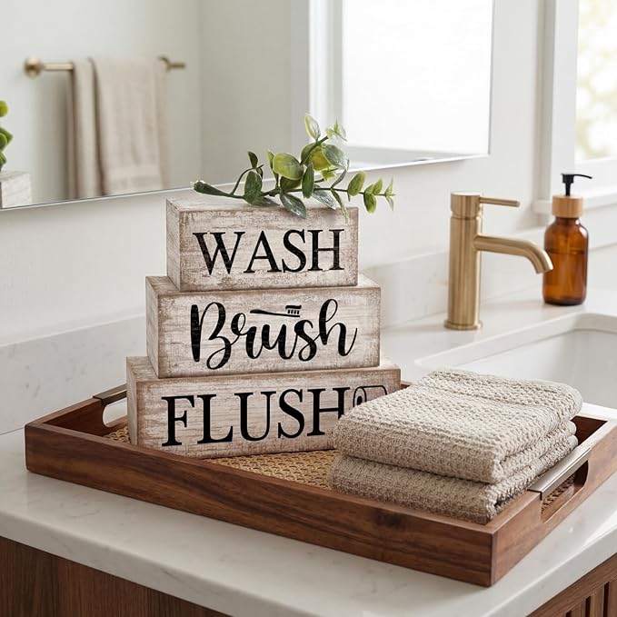 Moucuny 4 Pcs Farmhouse Bathroom Decor and Accessories Rustic Bathroom Shelf Decor Sign Set "wash/brush/flush" Farmhouse Eucalyptus Leaves Wood Block Signs for Toilet Vanity Countertop Home Decoration