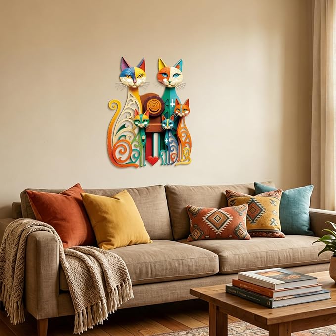 Wesiti Cat Wall Art Decor Iron Wall Sculptures Decor for Cats Lover 12.6 x 15.7 Inches Colorful Mid Century Cat Retro Signs for Home Living Room Bedroom Kitchen Office(Refined)