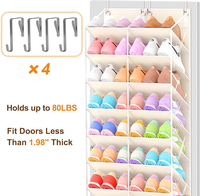 20-30 Pairs Over the Door Shoe Organizer, Clear Pockets Hanging Shoe Storage for Closet, 10-Tier Door Shoes Rack, Handing Shoes Holder Fit All the Family's Sneakers, Boots, Heels, Beige