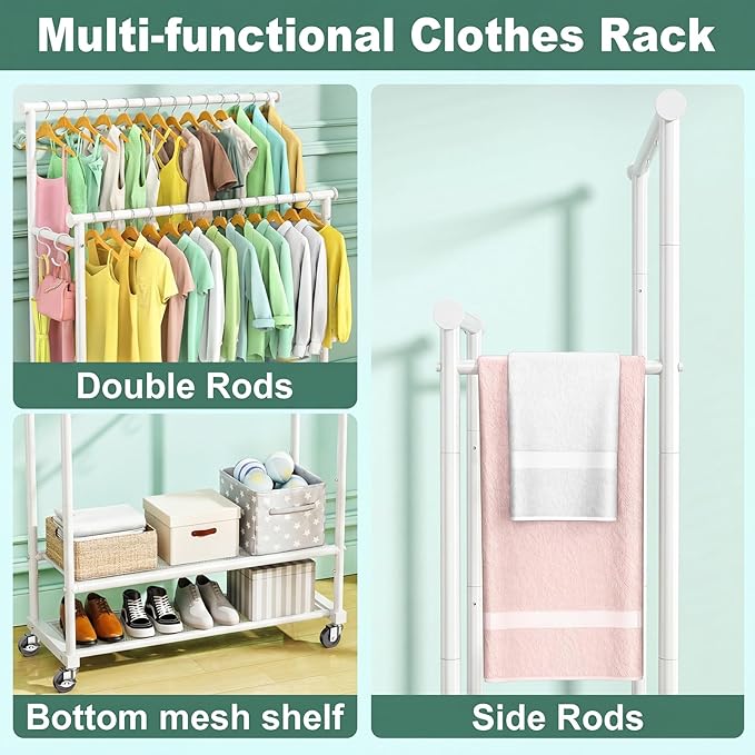 Double Rods Clothes Rack for Hanging Clothes, Heavy Duty Rolling Clothing Rack with Wheels, Freestanding Garment Racks with Oxford Bottom Shelf and Mesh Bottom Shelf for Bedroom Laundry Living Room
