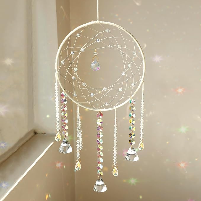 Artilady Dream Catchers with Crystals - Large White Boho Moon Dream Catcher Wall Decor House Decorations for Home Girls Kids Baby Bedroom Room Decor Christmas Birthday Teen Girl Boys Gifts