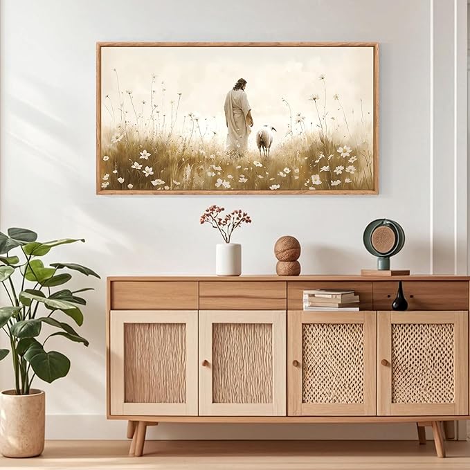 KAIRNE Jesus Canvas Wall Art,Lost Sheep Prints,Neutral Beige Wildflower Wall Decor,Framed Christian Scripture Wall Art,Religious Inspirational Artwork for Living Room Bedroom Church Decor,20X40 inch