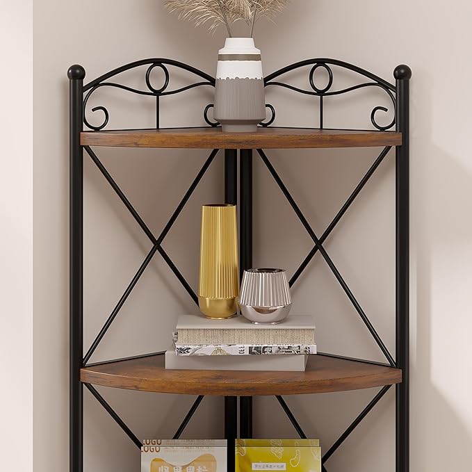 VECELO 5 Tier Corner Shelf Stand, 55.2" Tall Corner Bookshelf, Rustic Brown Storage Standing Shelf for Living Room, Plant Stand &Corner Bookcase for WallCorner, Living Room, Kitchen, Bedroom, Office