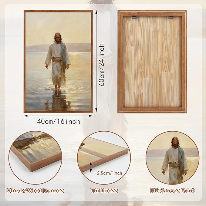 KAlRNE Vintage Christian Framed Canvas Wall Art Set of 3(16”X24”),Jesus Bible Story Wall Decor,Spiritual Religious God Painting,Neutral Inspirational Beige Art Prints For Living Room Bedroom Church