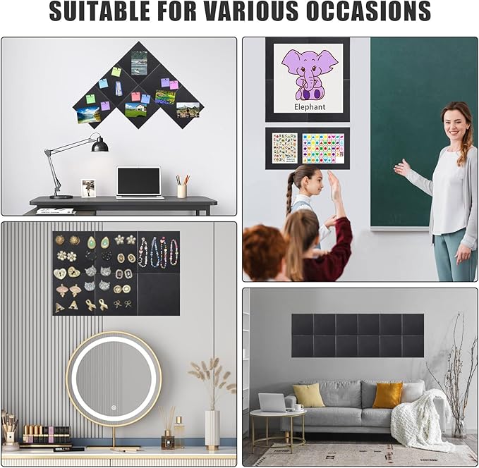 Large Cork Board Alternative 36" X 24" Bulletin Board - 6 Pack Removable Felt Wall Tiles with 15 pushpins, Large Cork Boards for Walls Cork Board for Office Pin Board Tack Board - Black