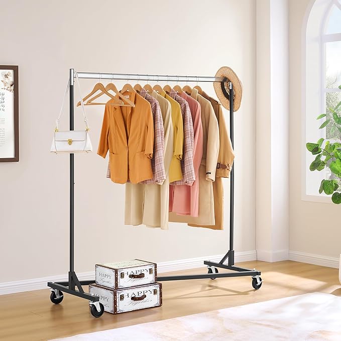 Hoctieon Z Rack, Rolling Clothes Racks with Z-Base, Heavy Duty Garment Rack, Clothing Racks for Hanging Clothes, Sturdy Metal Hanging Holder, Clothes Organizer Rack, Chrome