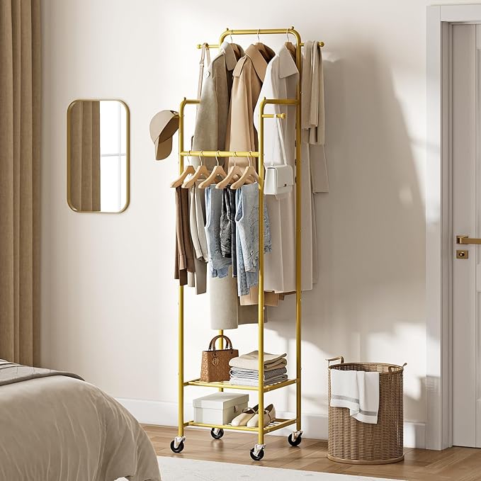 Chrislley Clothes Rack with Wheels, 71" Portable Clothing Rack with 2 Shelves and 4 Hooks, Small Rolling Garment Rack, 4 Hanging Rods Metal Coat Rack for Bedroom, Apartment, Entryway, Gold