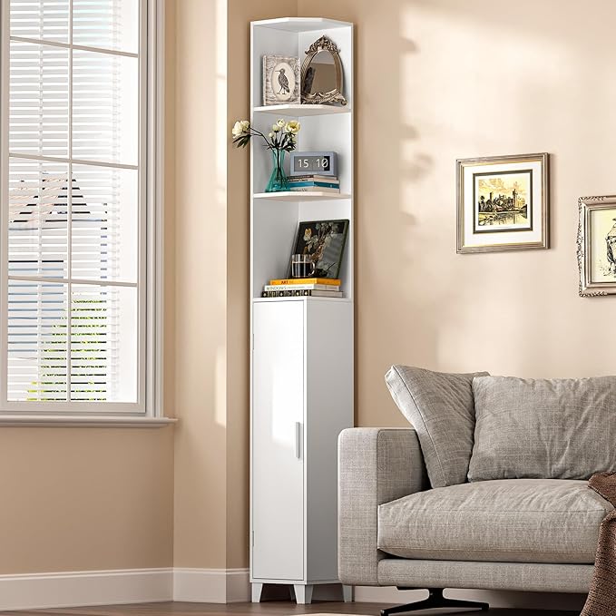 MOHOPE Corner Shelf with Cabinet, 74.8" Tall Corner Cabinet with Door, 5-Tier Narrow Bookshelf with Adjustable Shelves, Display Cabinets for Living Room, Bathroom, Dining Room, Small Space, White