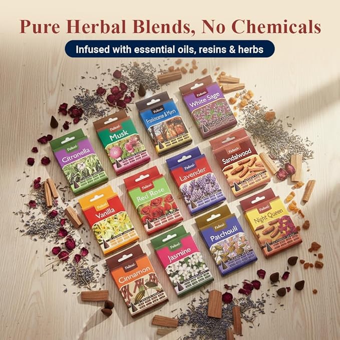 Tulasi Classic Incense Cones with Natural Oils Scents, Set of 12 Fragrances (180 Cones) Calming Home Aromatherapy, Meditation, Relaxing, Mixed Scents with Natural Oils