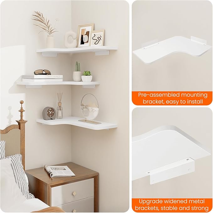 Homode Corner Floating Shelves, Set of 3 Corner Wall Shelves with Wire Hole, L-Shaped Wood Hanging Storage Shelf for Wall Decor, for Bathroom Kitchen Bedroom, White