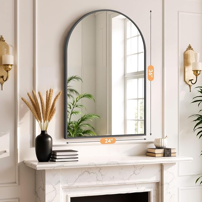 Bathroom Mirror for Wall, 36x24 Inch Arched Mirror, Matte Black Metal Framed Bathroom Vanity Mirror for Restroom Farmhouse, Anti-Rust, Tempered Glass, Hanging or Leaning
