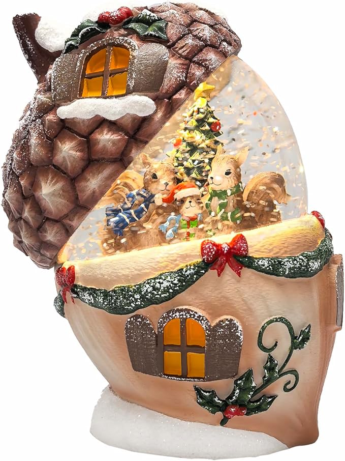 6.5-Inch Lighted Acorn Swirling Water Glitter Globe with Squirrel Family Scene, Battery Operated, 8H Timer, Holiday Sparkling Gift and Indoor Christmas Home Décor (Acorn)