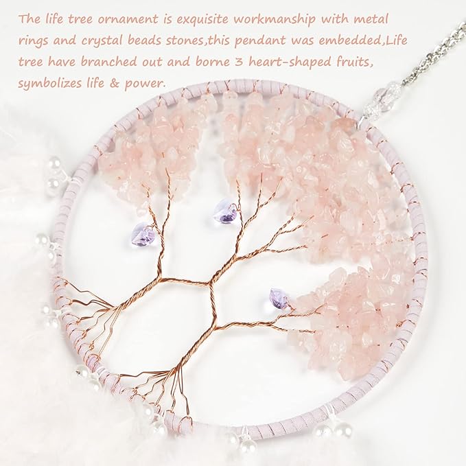 Pretty Jolly Double Tree of Life Dream Catcher Wall Decor with Healing Crystal Stone Handmade White Light Pink Feather Dream Catchers Decoration Wall Hanging Bedroom Wedding Party Blessing Gift-25.6"